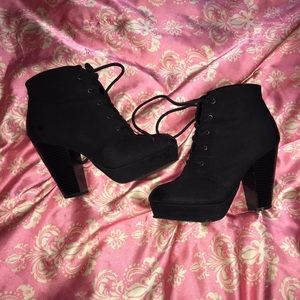 Lace up suede heeled booties